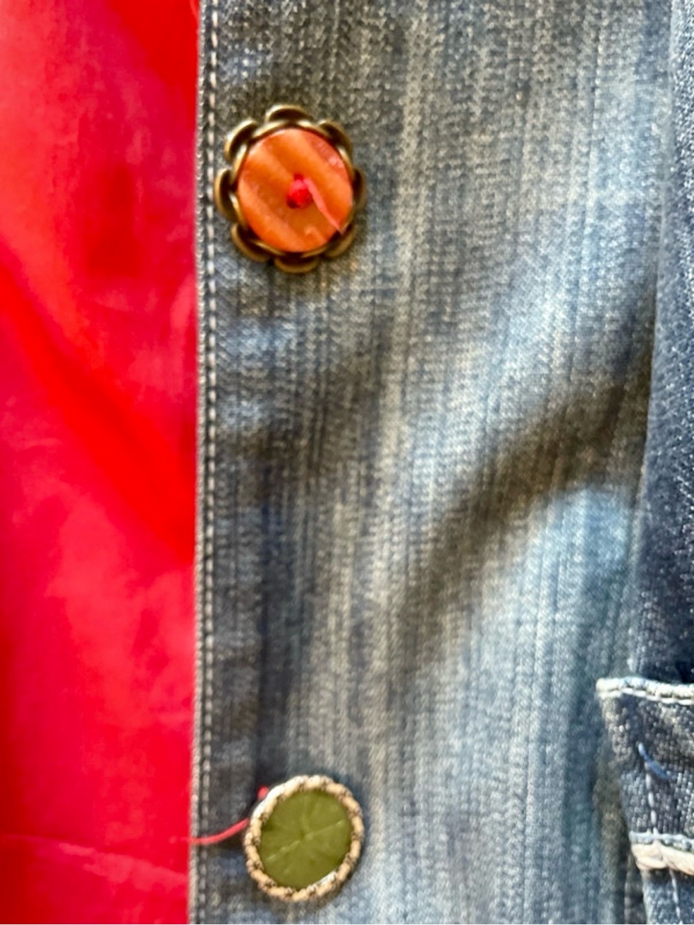 Desigual Patchwork Denim Coat in Light & Dark Blues, Collage & Colorful Buttons - Picture 10 of 14